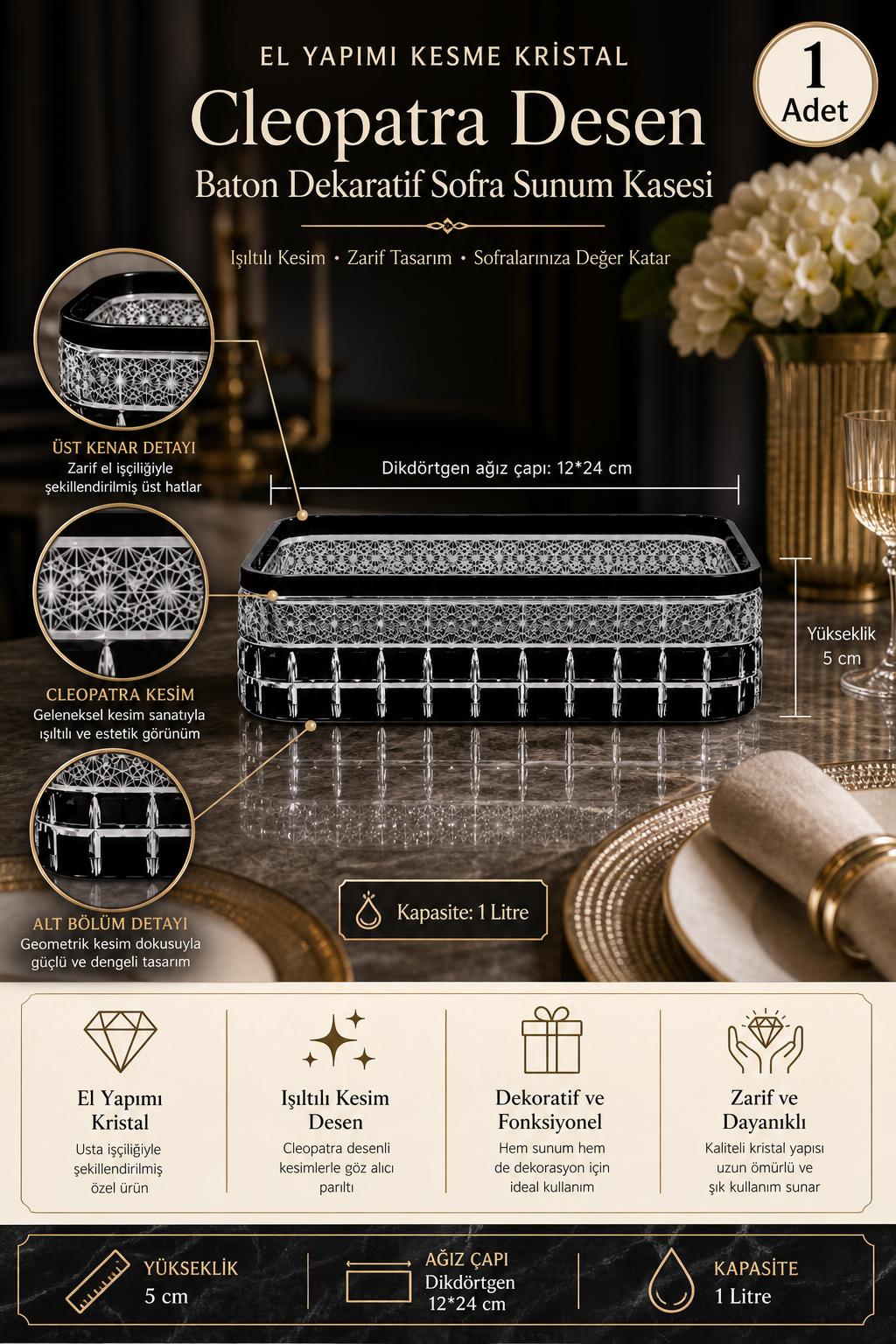 Kesme Kristal Baton Sunum Kasesi 12x24 cm - Cleopatra Desen Dekoratif Sofra Kasesi, 1 Adet