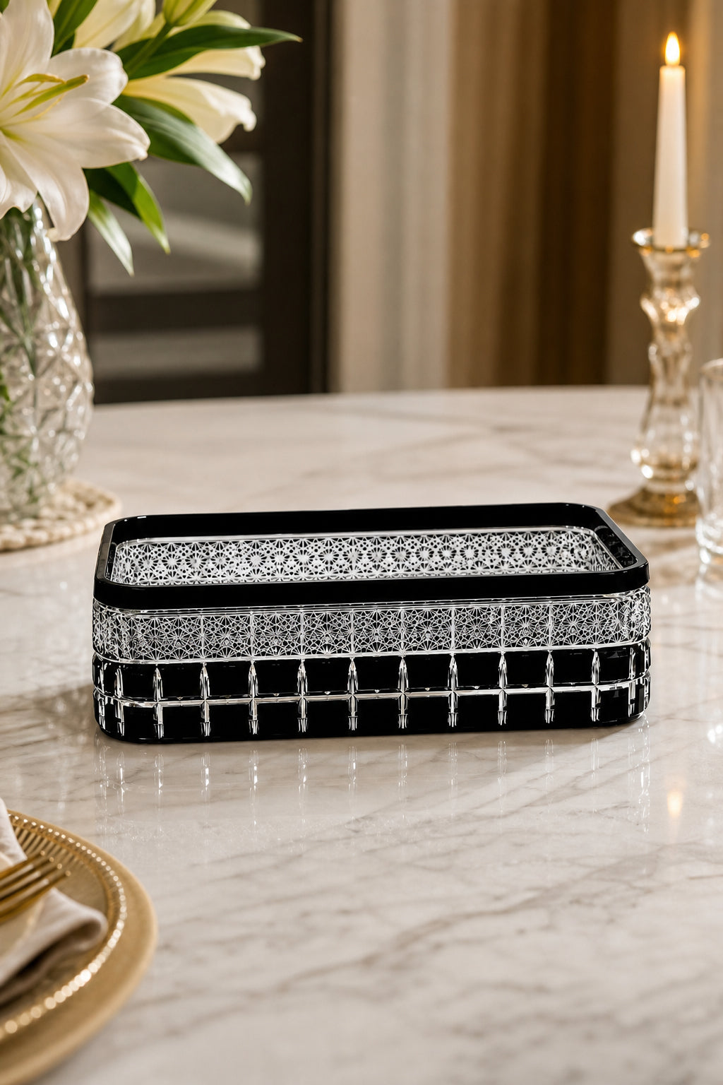 Kesme Kristal Baton Sunum Kasesi 12x24 cm - Cleopatra Desen Dekoratif Sofra Kasesi, 1 Adet