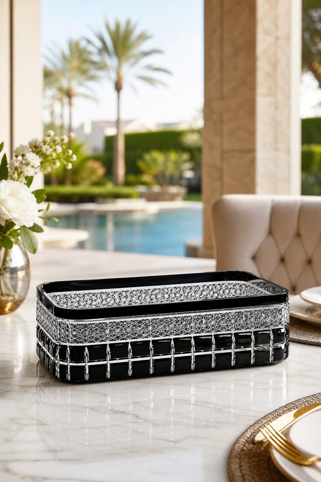 Kesme Kristal Baton Sunum Kasesi 12x24 cm - Cleopatra Desen Dekoratif Sofra Kasesi, 1 Adet