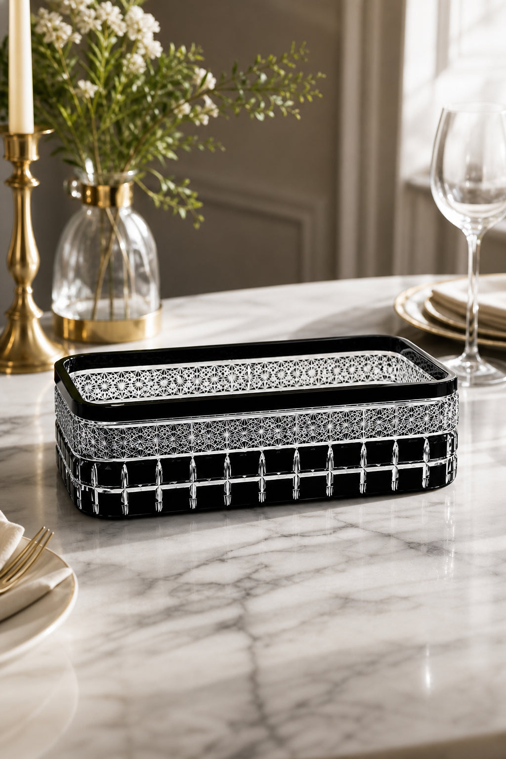 Kesme Kristal Baton Sunum Kasesi 12x24 cm - Cleopatra Desen Dekoratif Sofra Kasesi, 1 Adet