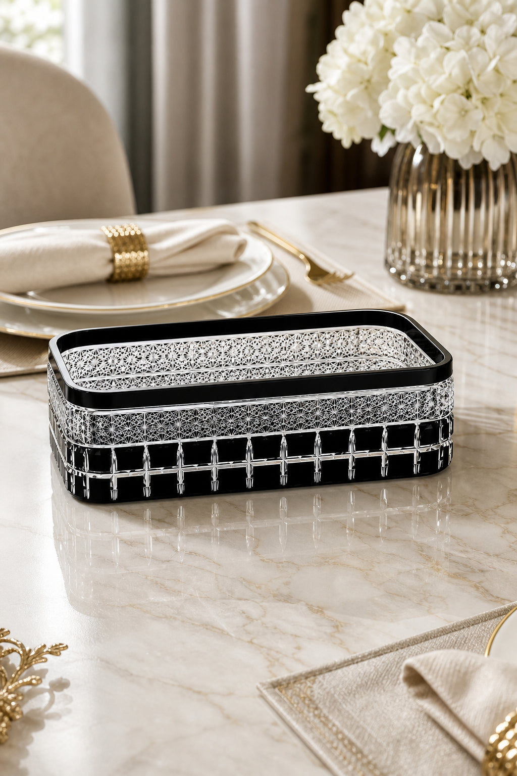 Kesme Kristal Baton Sunum Kasesi 12x24 cm - Cleopatra Desen Dekoratif Sofra Kasesi, 1 Adet