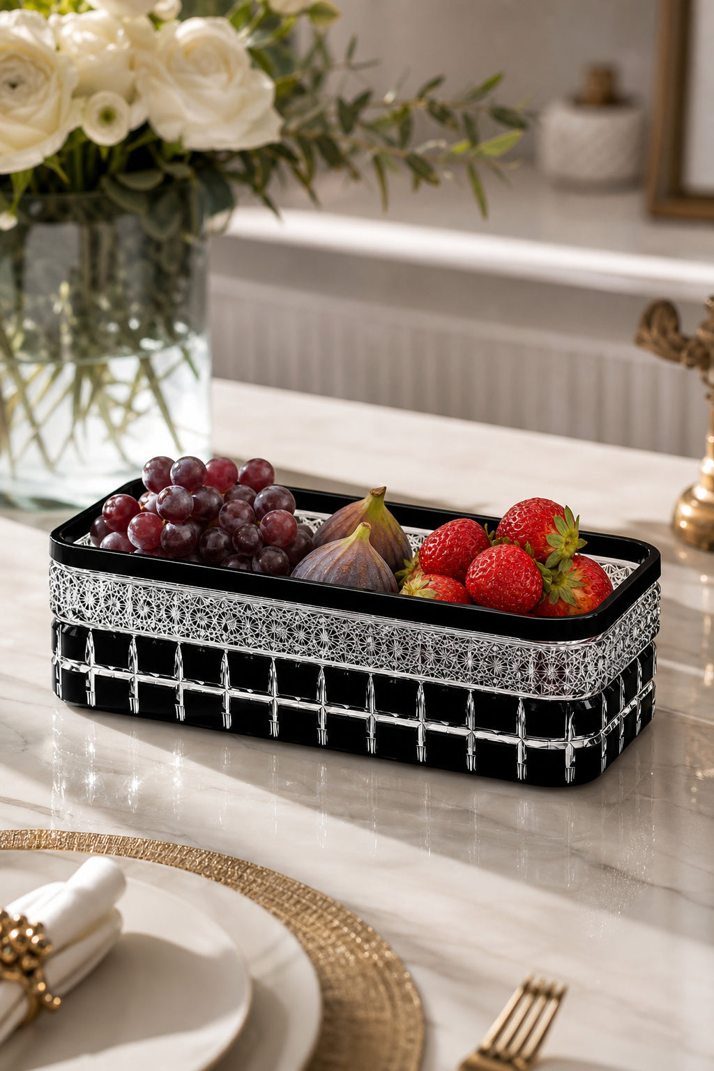 Kesme Kristal Baton Sunum Kasesi 12x24 cm - Cleopatra Desen Dekoratif Sofra Kasesi, 1 Adet