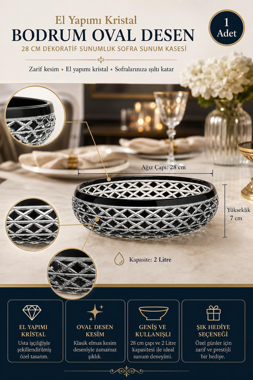 Kristal Sunum Kasesi 28 cm - Bodrum Oval Desen Dekoratif Sofra Kasesi, 1 Adet
