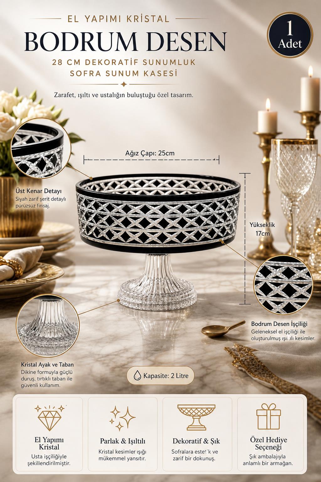 Kristal Sunum Kasesi 28 cm - Bodrum Desen Dekoratif Sofra Kasesi, 1 Adet