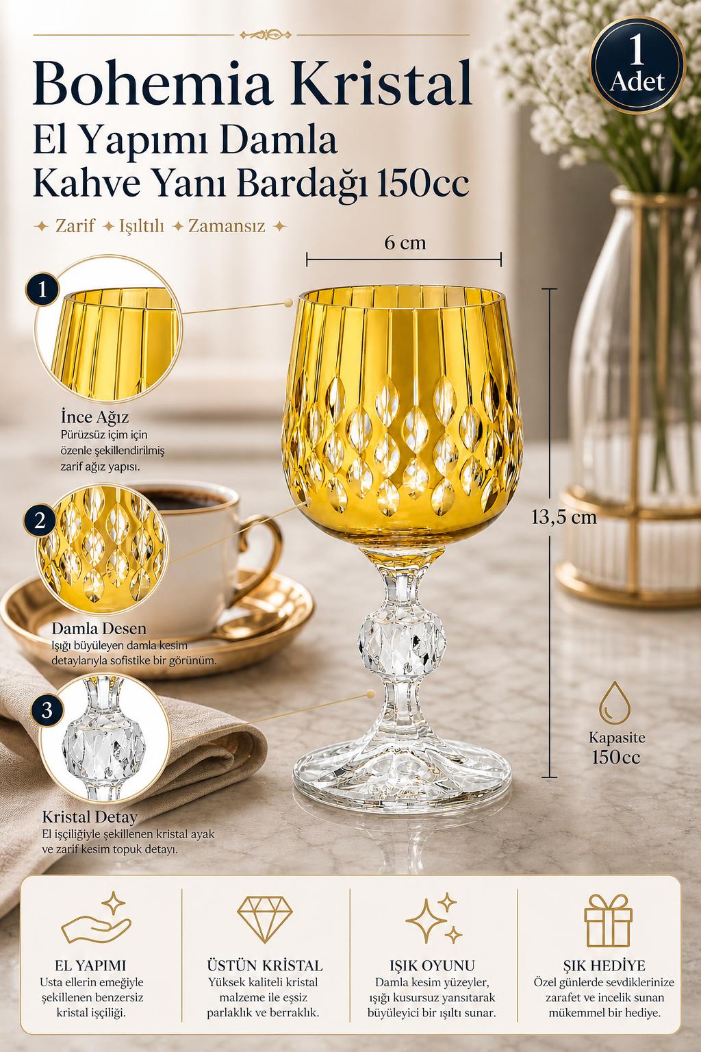 Bohemia Kristal Kahve Yanı Su Bardağı 150 cc - Damla Desen, 1 Adet