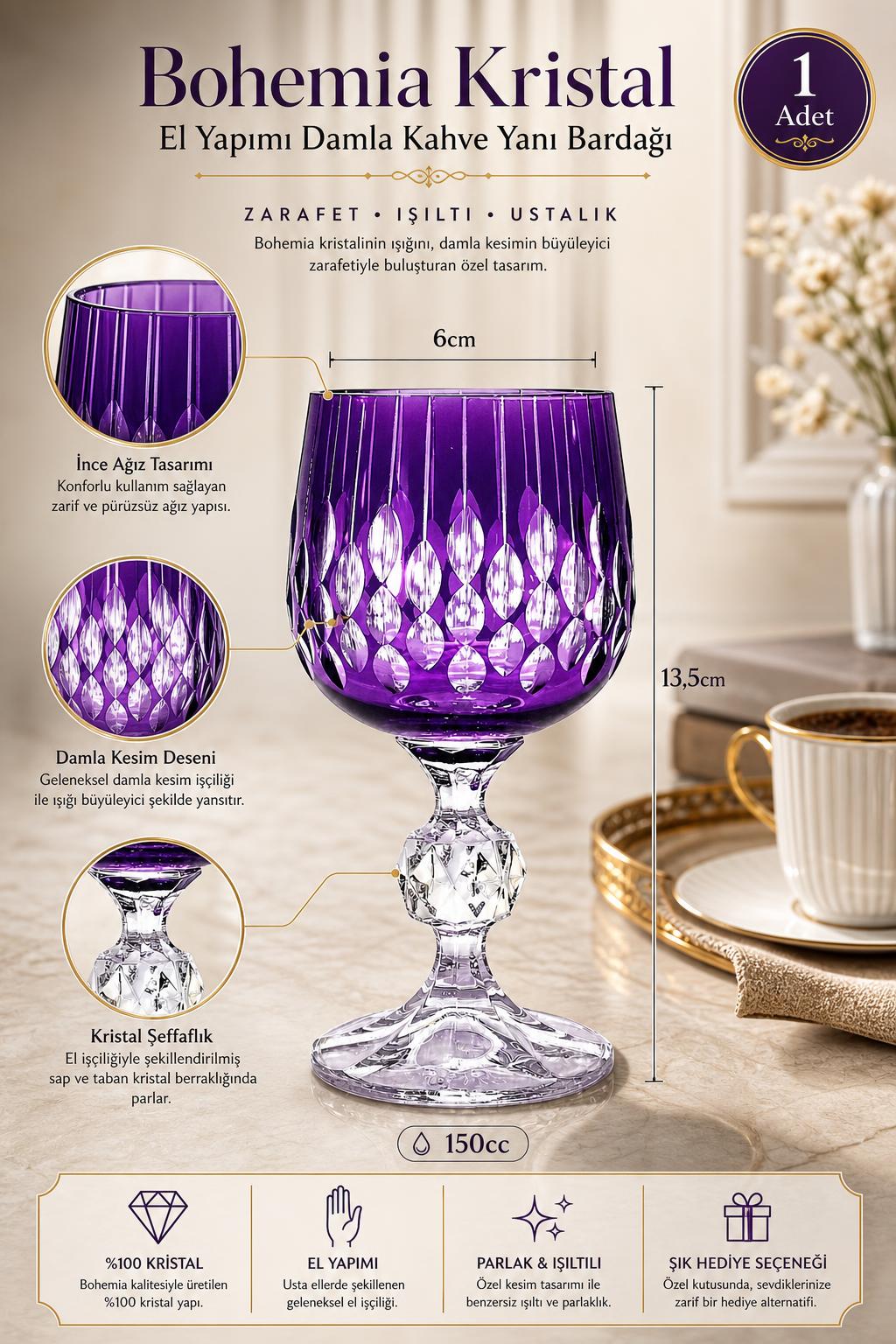 Bohemia Kristal Kahve Yanı Su Bardağı 150 cc - Damla Desen, 1 Adet