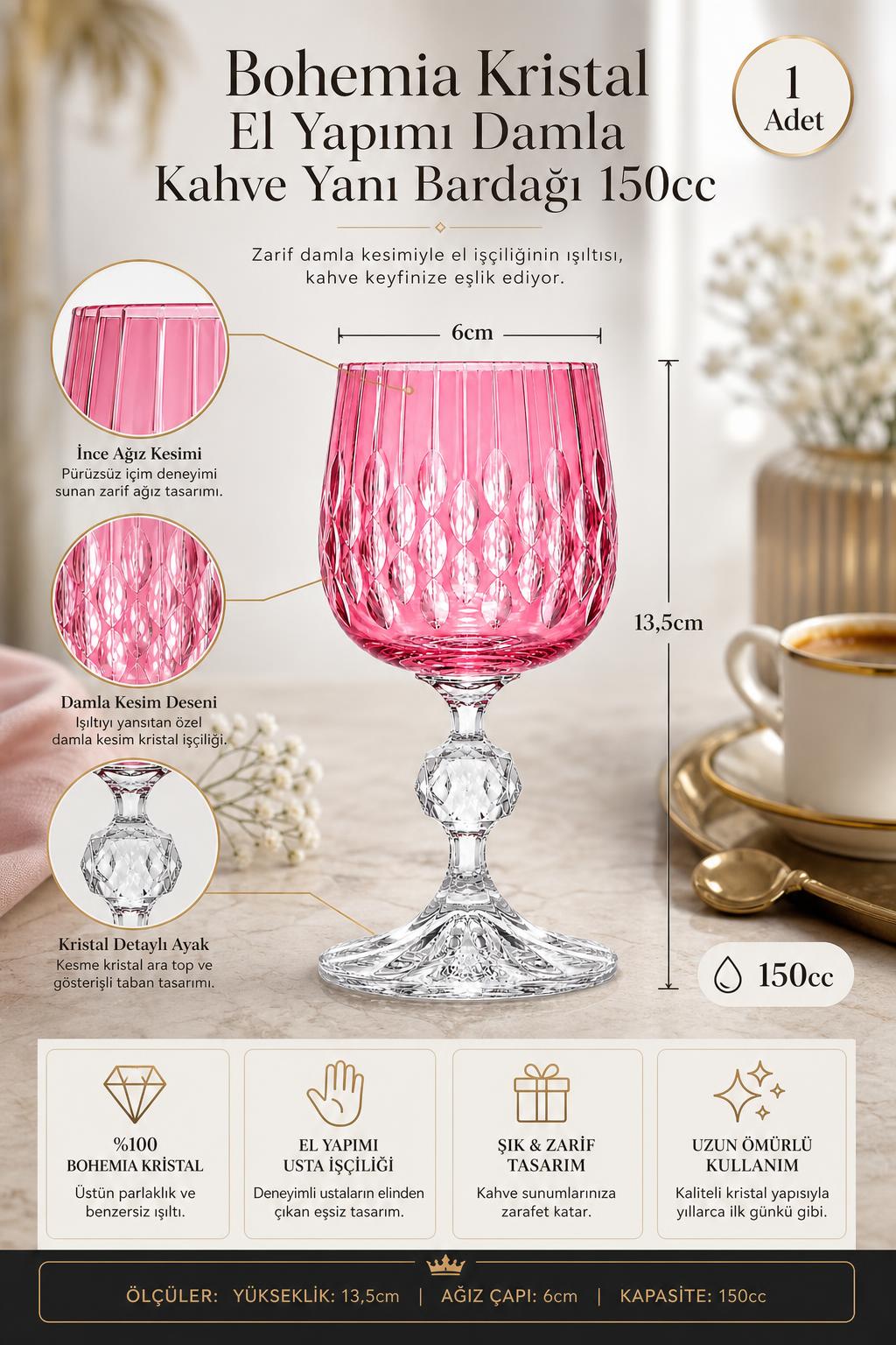 Bohemia Kristal Kahve Yanı Su Bardağı 150 cc - Damla Desen, 1 Adet