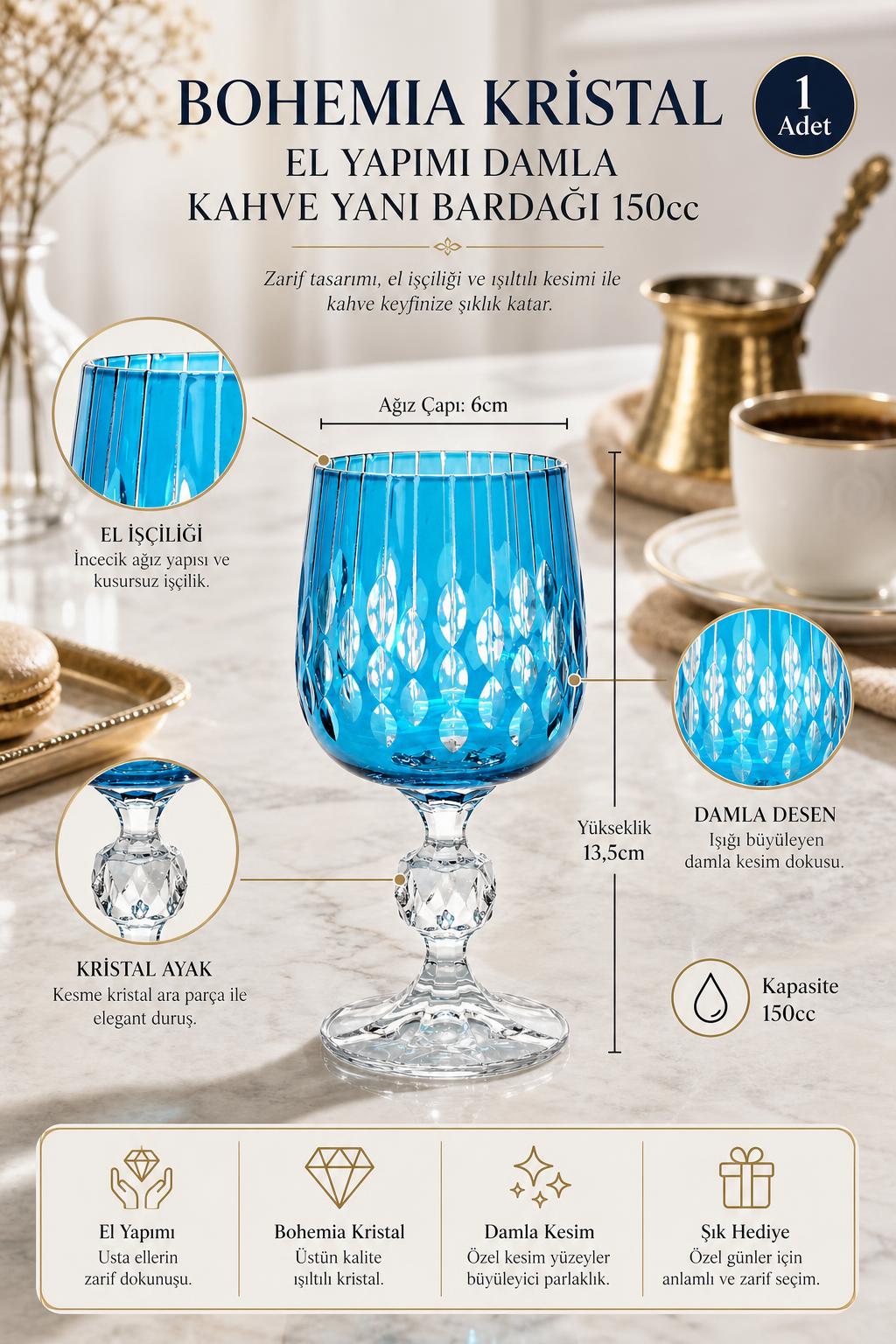 Bohemia Kristal Kahve Yanı Su Bardağı 150 cc - Damla Desen, 1 Adet