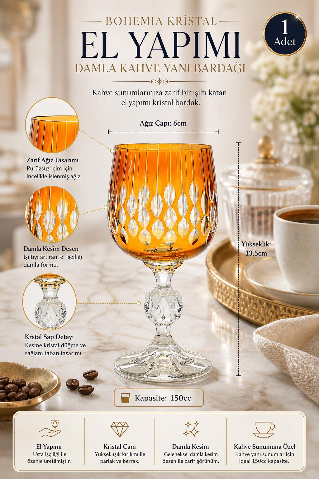 Bohemia Kristal Kahve Yanı Su Bardağı 150 cc - Damla Desen, 1 Adet