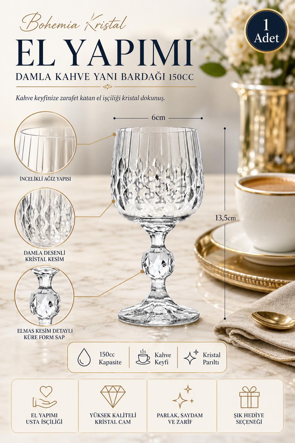 Bohemia Kristal Kahve Yanı Su Bardağı 150 cc - Damla Desen, 1 Adet