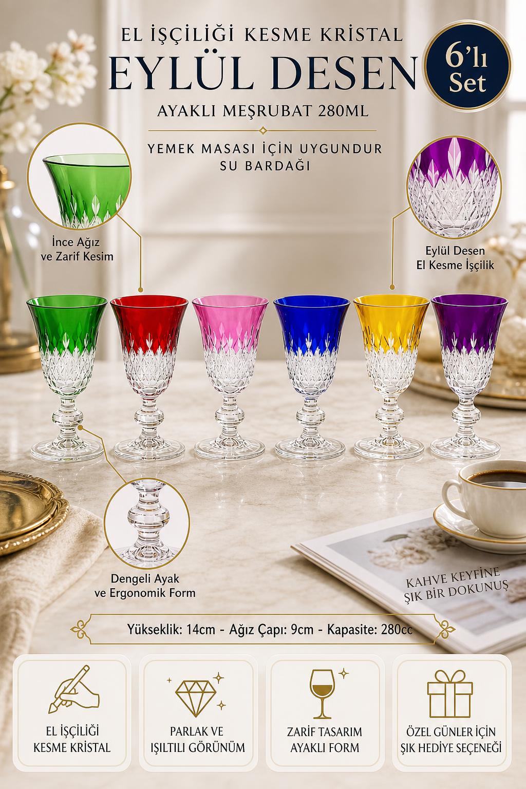 Kesme Kristal Ayaklı Su Bardağı 280 ml - Eylül Desen Meşrubat Bardağı, 6 Adet