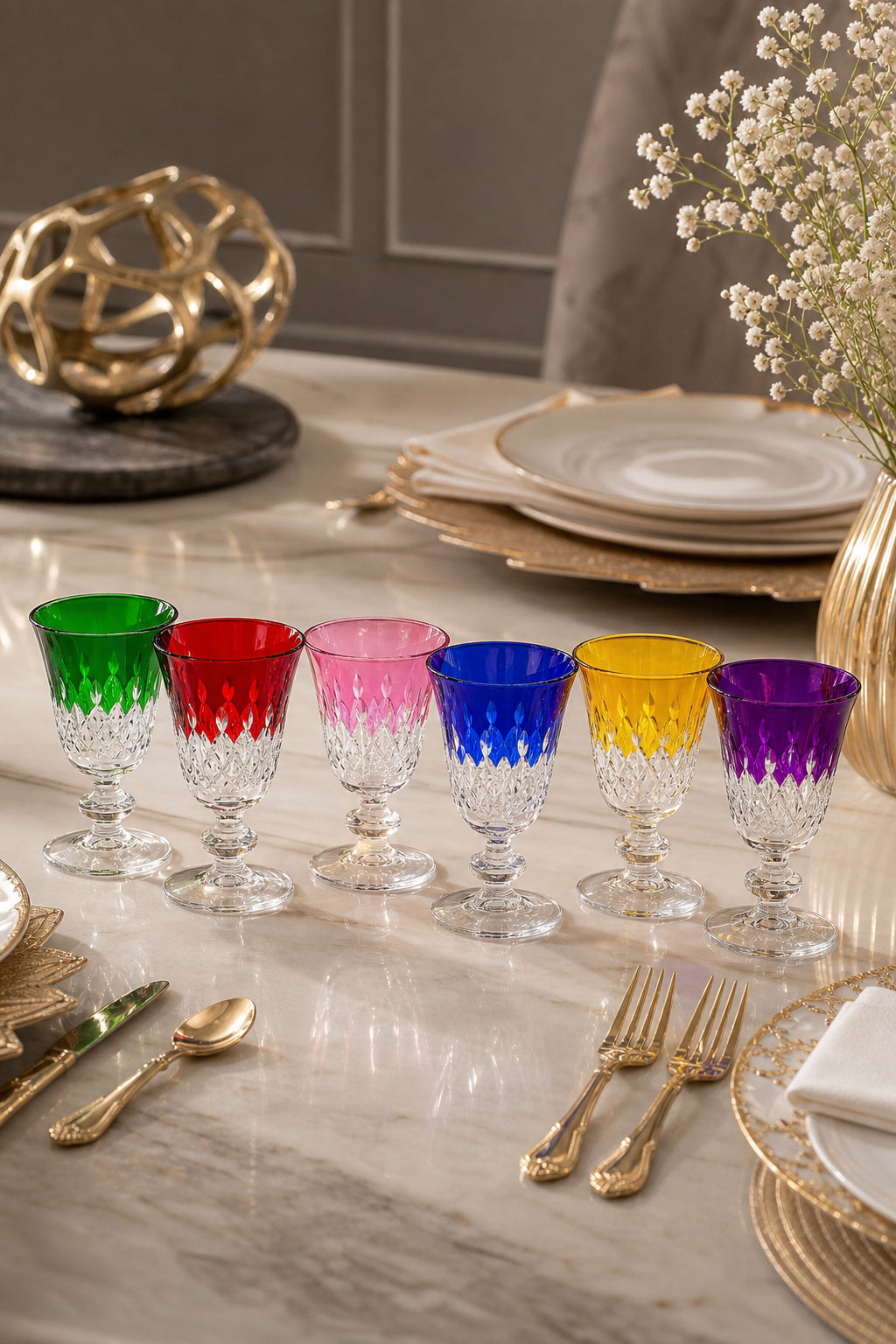 Kesme Kristal Ayaklı Su Bardağı 280 ml - Eylül Desen Meşrubat Bardağı, 6 Adet
