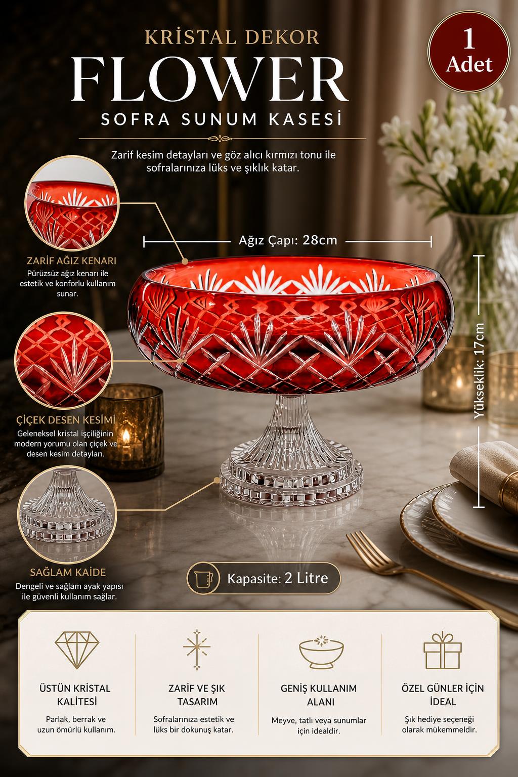 Kristal Sofra Sunum Kasesi - Flower Desen Dekoratif Kase, 1 Adet