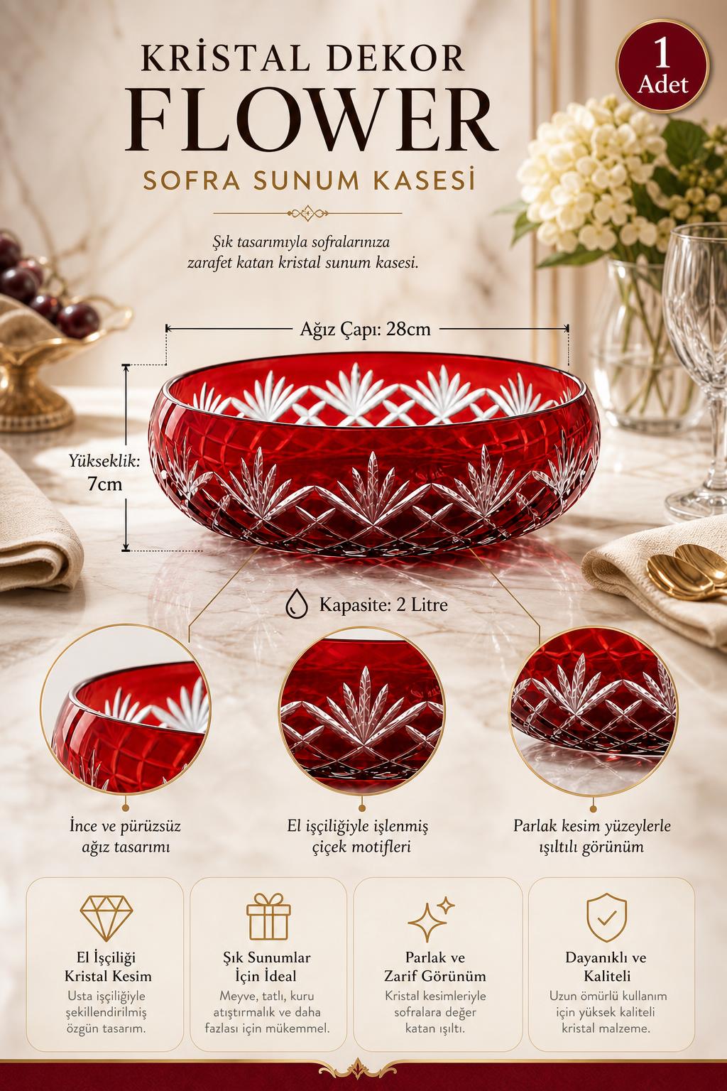 Kristal Sofra Sunum Kasesi - Flower Desen Dekoratif Kase, 1 Adet