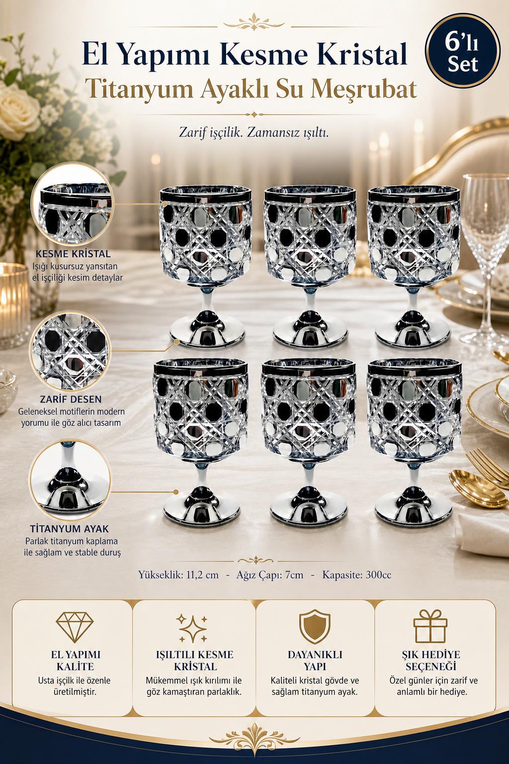 Kesme Kristal Ayaklı Su ve Meşrubat Bardağı - Titanyum Model, 6 Adet