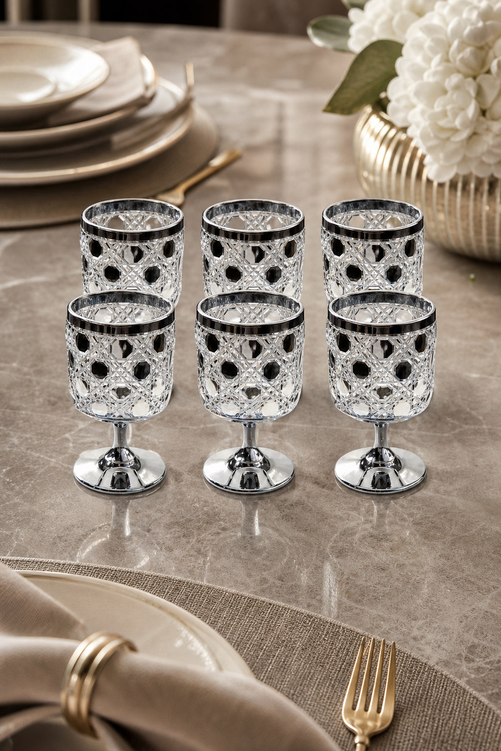 Kesme Kristal Ayaklı Su ve Meşrubat Bardağı - Titanyum Model, 6 Adet