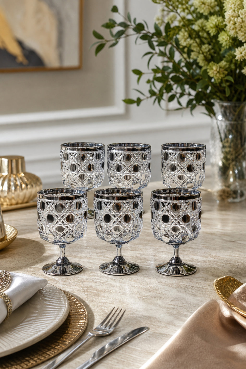 Kesme Kristal Ayaklı Su ve Meşrubat Bardağı - Titanyum Model, 6 Adet
