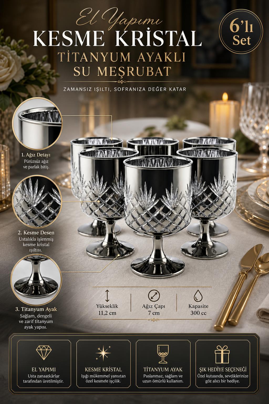 Kesme Kristal Ayaklı Su ve Meşrubat Bardağı - Titanyum Model, 6 Adet