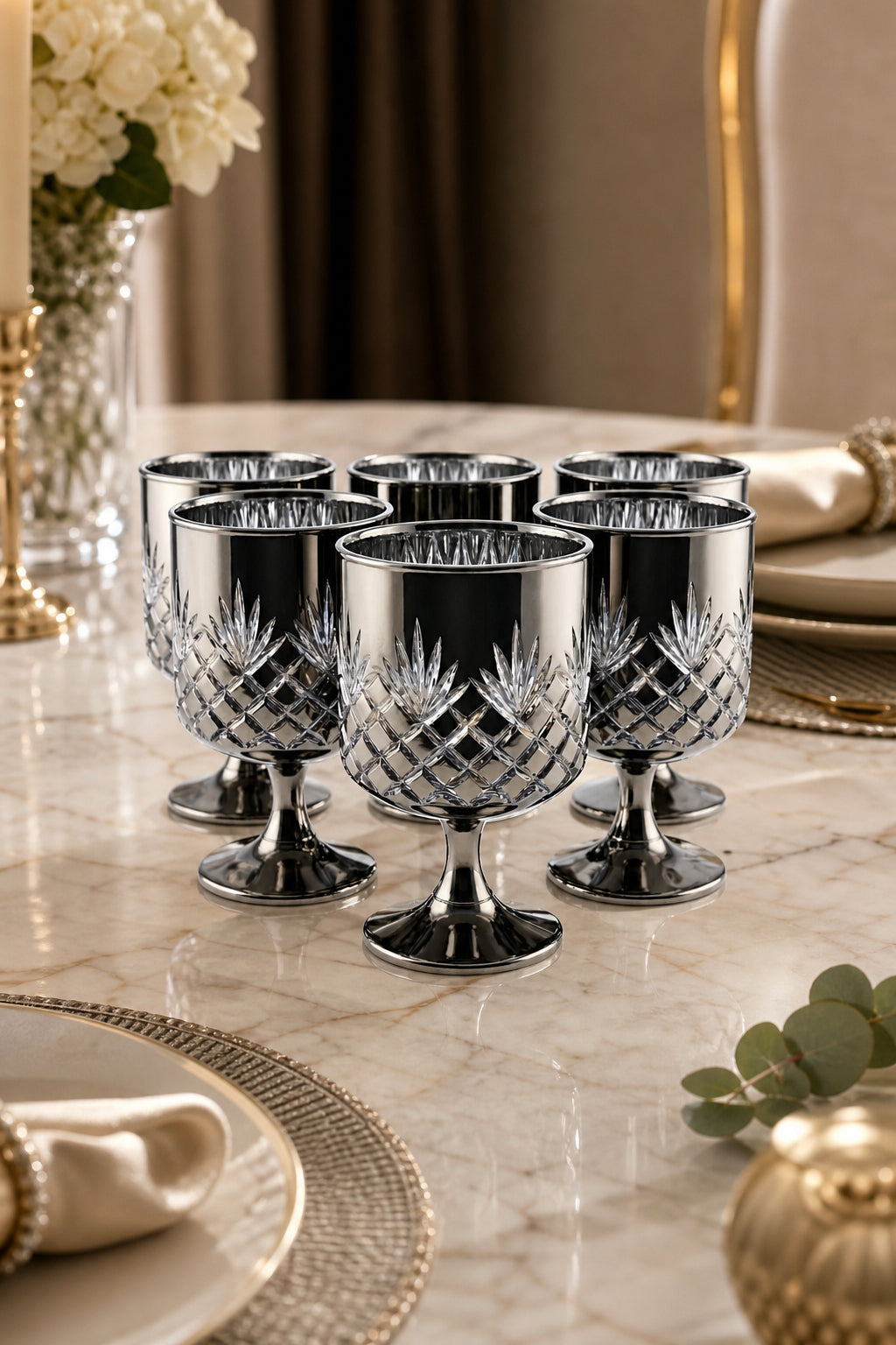 Kesme Kristal Ayaklı Su ve Meşrubat Bardağı - Titanyum Model, 6 Adet