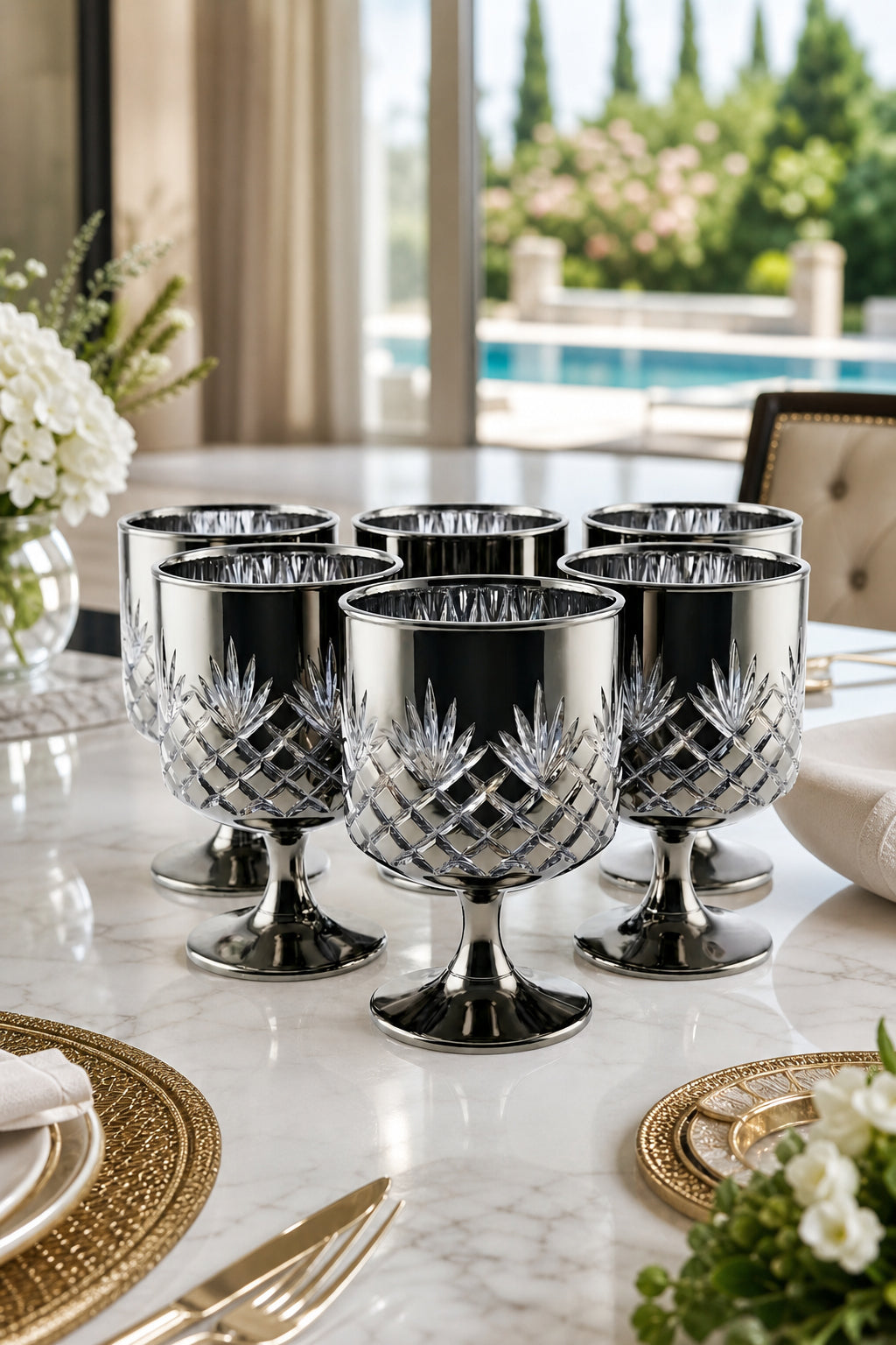 Kesme Kristal Ayaklı Su ve Meşrubat Bardağı - Titanyum Model, 6 Adet