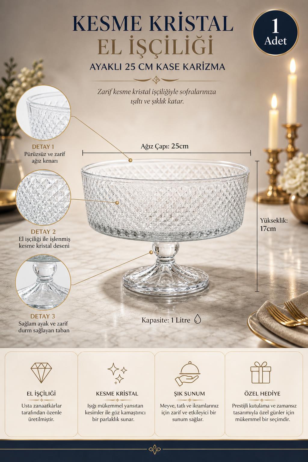 Kesme Kristal Ayaklı Kase 25 cm - Karizma Desen, 1 Adet