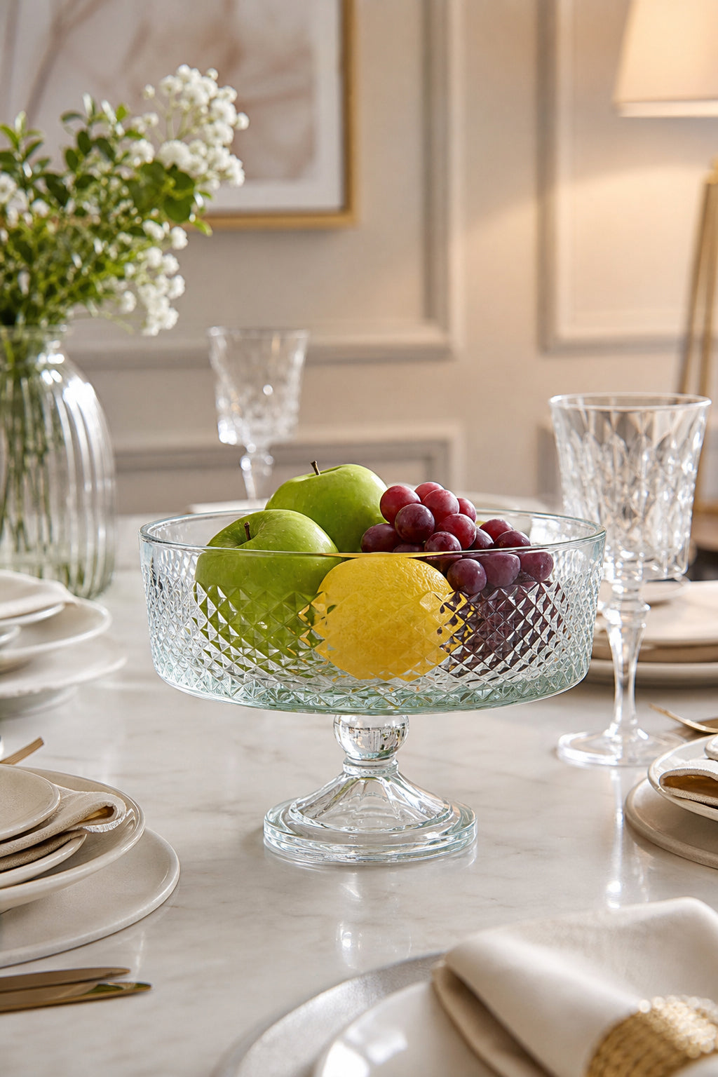 Kesme Kristal Ayaklı Kase 25 cm - Karizma Desen, 1 Adet