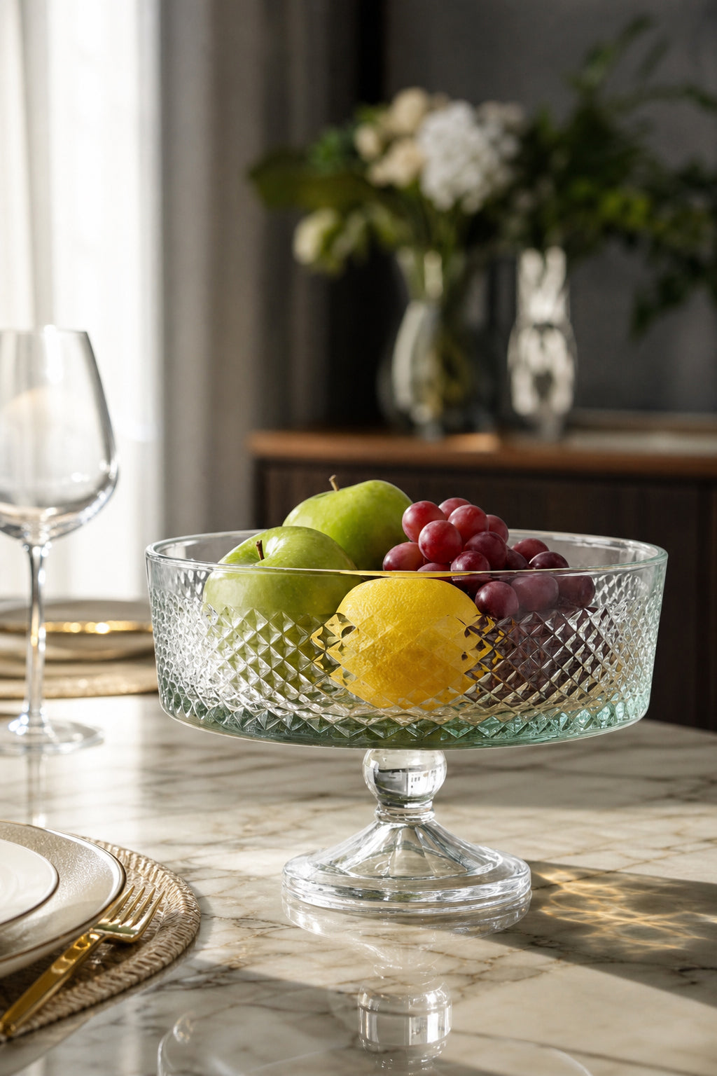 Kesme Kristal Ayaklı Kase 25 cm - Karizma Desen, 1 Adet