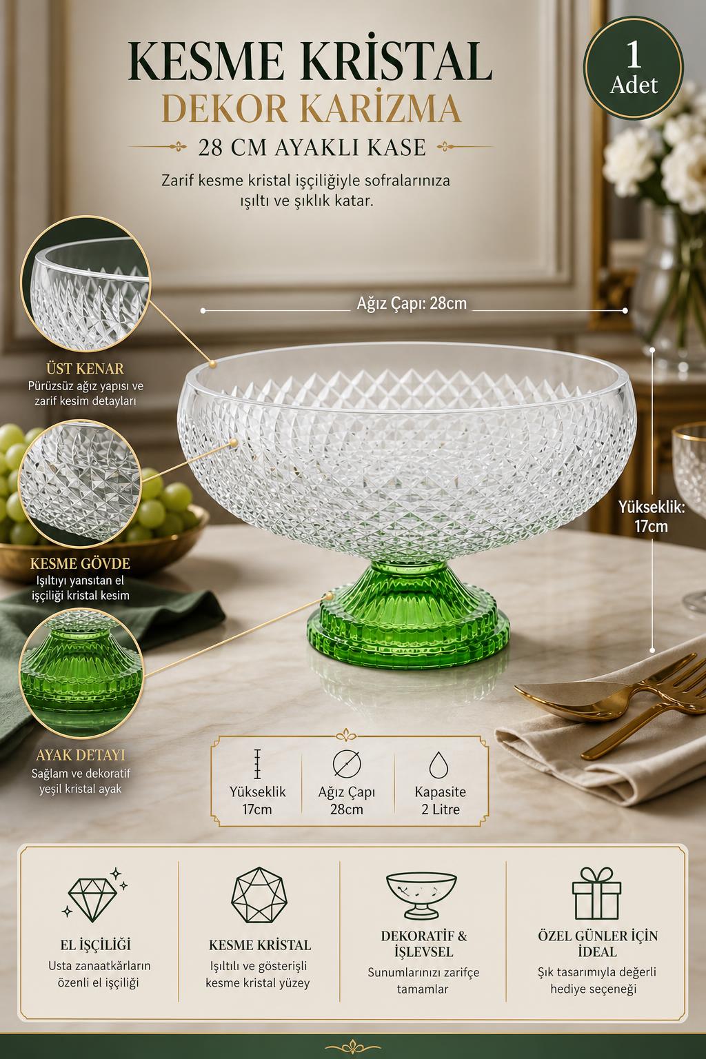 Kesme Kristal Ayaklı Kase 28 cm - Karizma Desen Dekoratif, 1 Adet