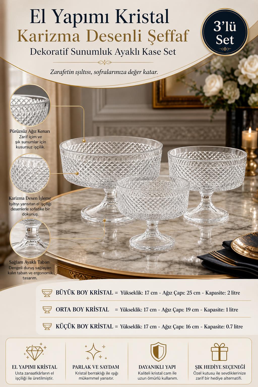 Şeffaf Kristal Ayaklı Sunumluk Kase Seti 3'lü 25-19-16 cm - Karizma Desenli, 3 Adet
