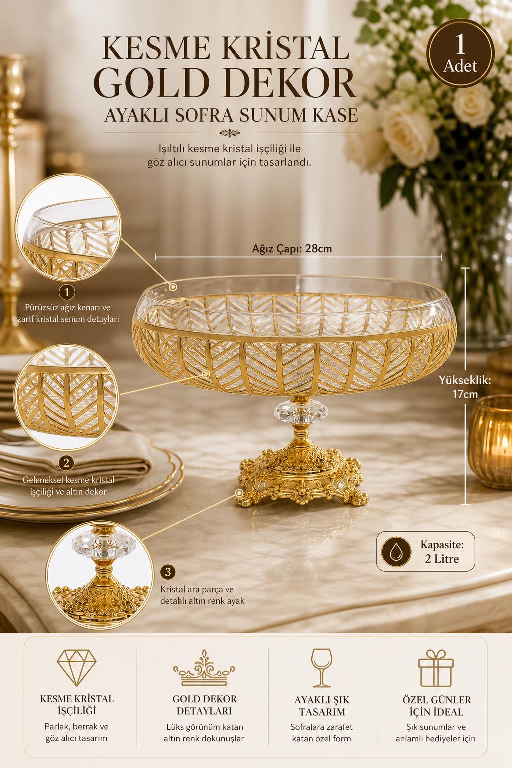 Gold Ayaklı Kesme Kristal Kase 28 cm - Milas Gold Desen Dekoratif, 1 Adet