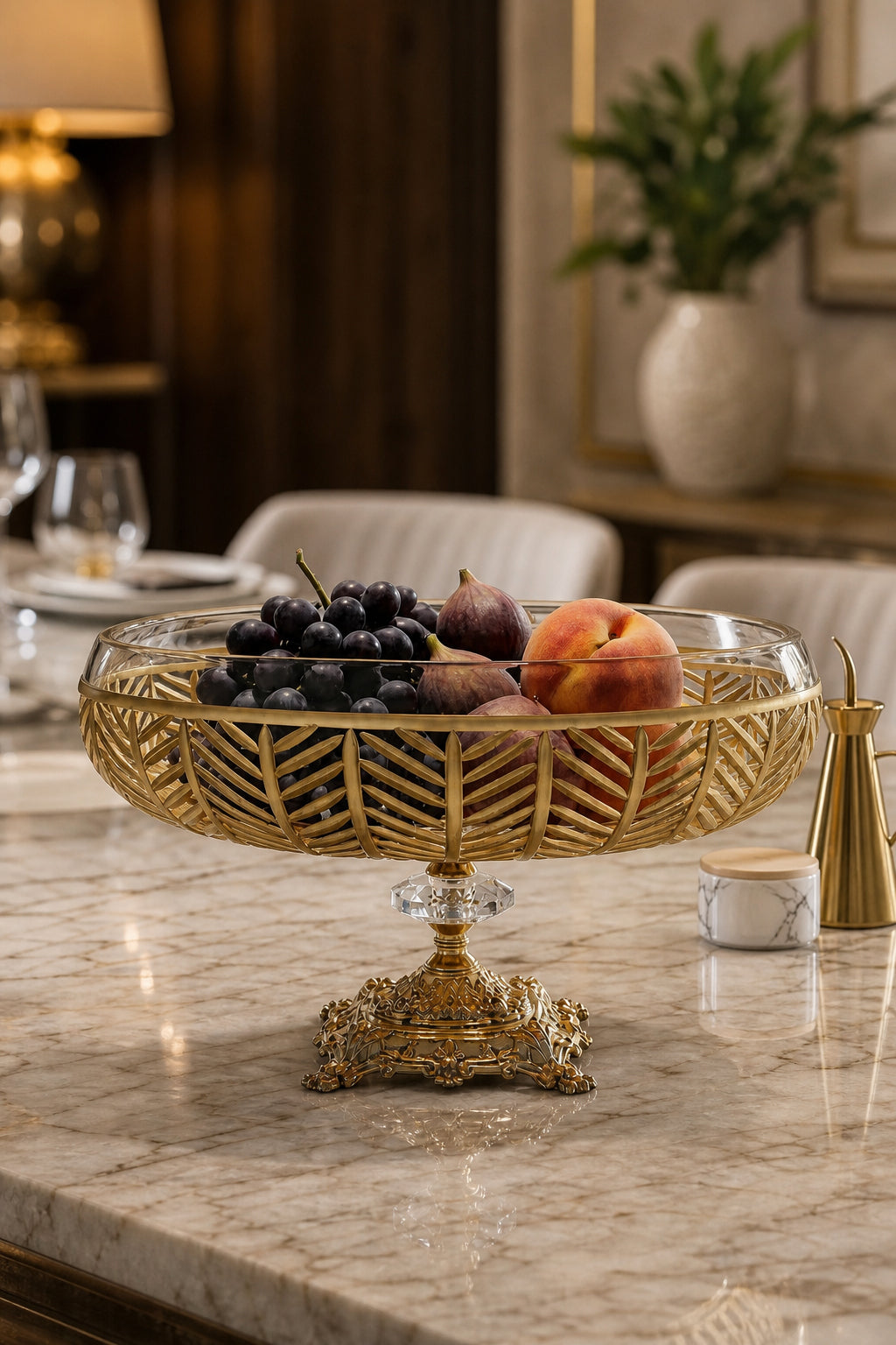 Gold Ayaklı Kesme Kristal Kase 28 cm - Milas Gold Desen Dekoratif, 1 Adet
