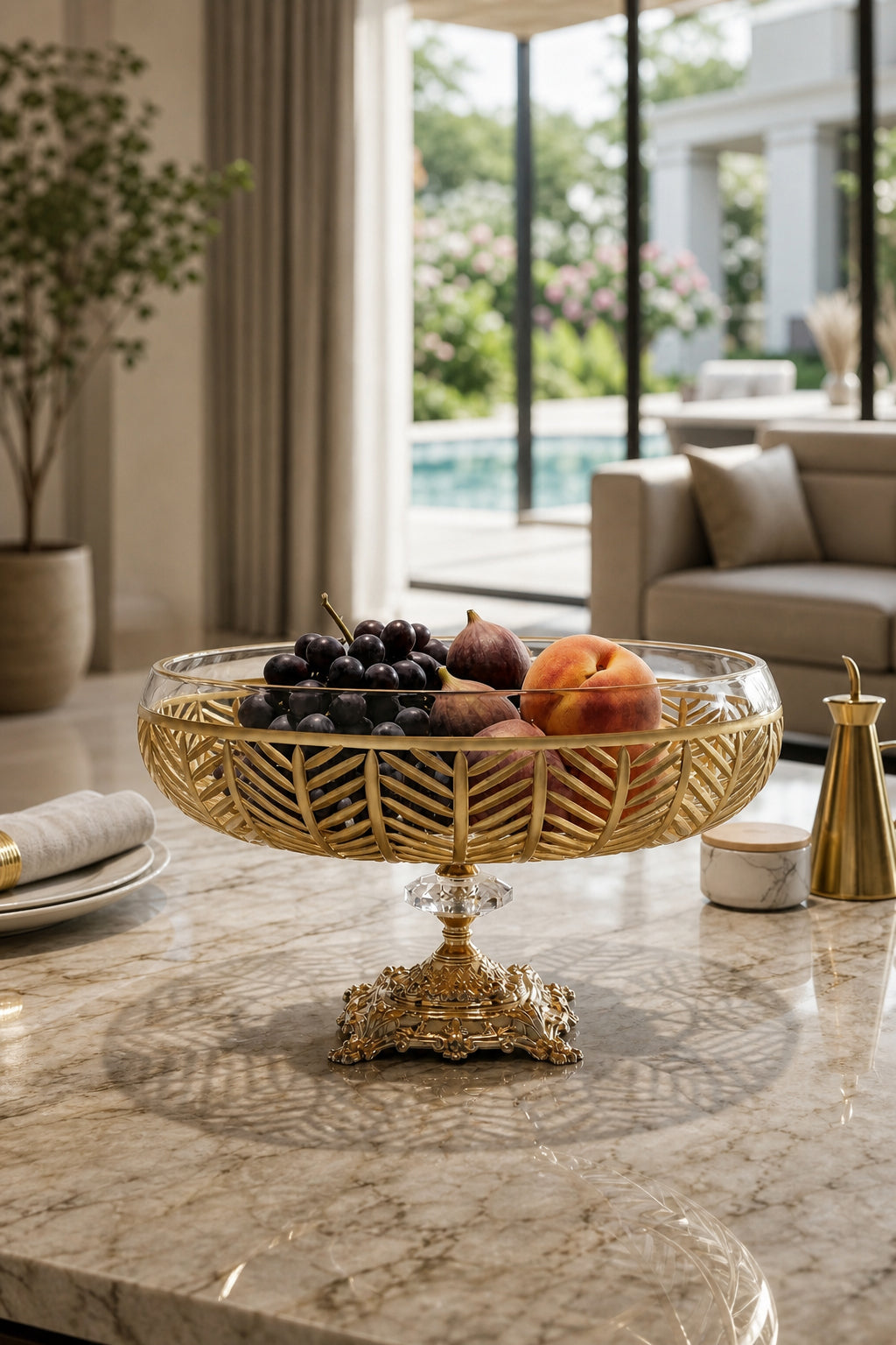 Gold Ayaklı Kesme Kristal Kase 28 cm - Milas Gold Desen Dekoratif, 1 Adet
