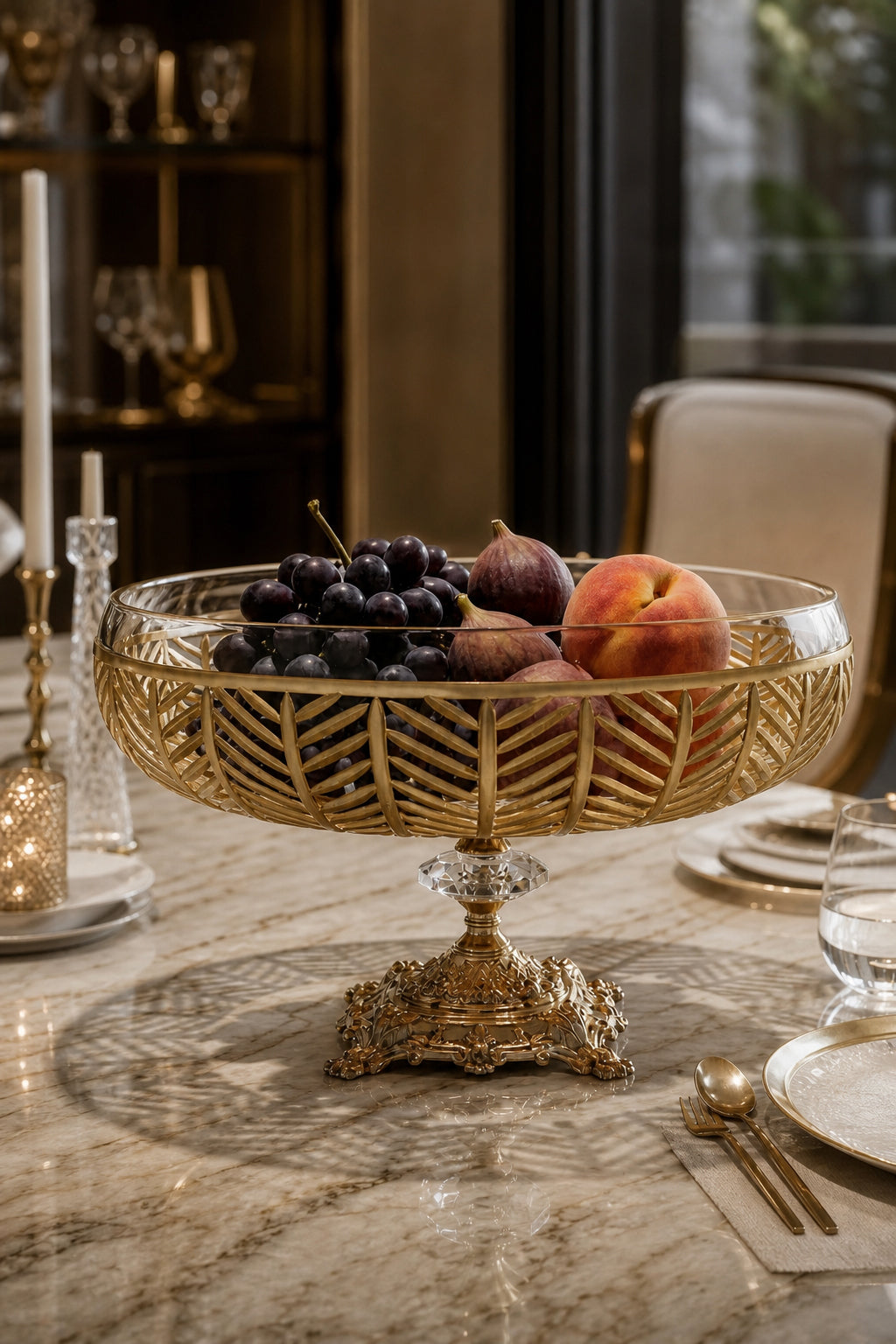 Gold Ayaklı Kesme Kristal Kase 28 cm - Milas Gold Desen Dekoratif, 1 Adet