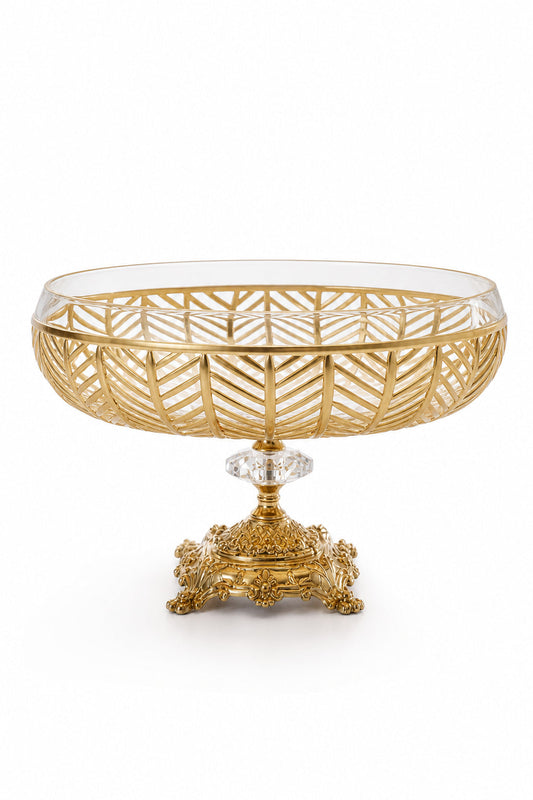 Gold Ayaklı Kesme Kristal Kase 28 cm - Milas Gold Desen Dekoratif, 1 Adet