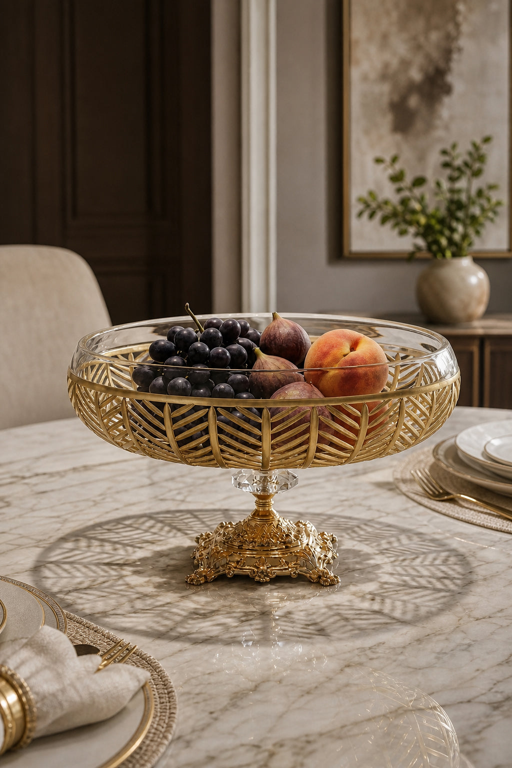 Gold Ayaklı Kesme Kristal Kase 28 cm - Milas Gold Desen Dekoratif, 1 Adet