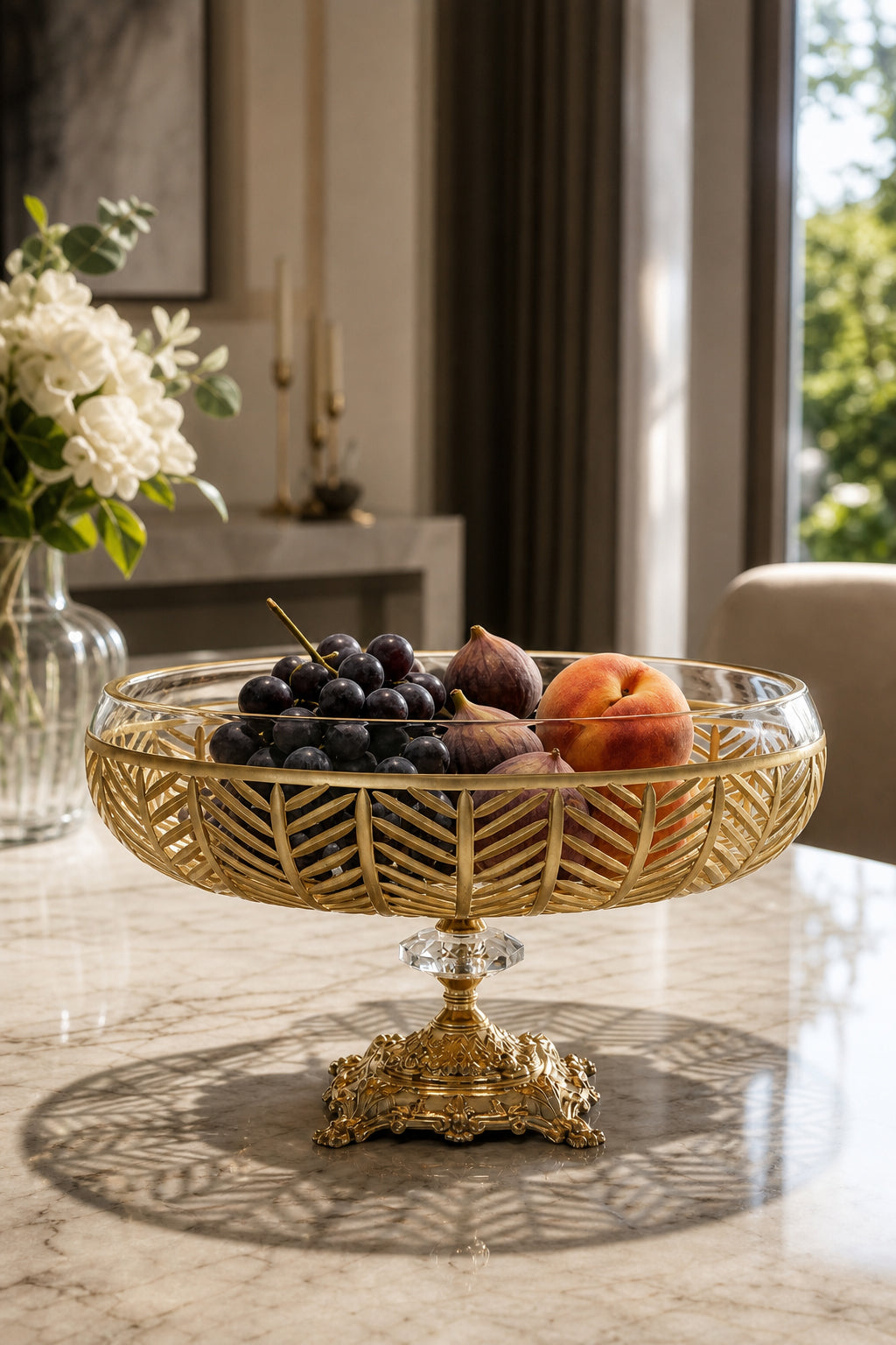 Gold Ayaklı Kesme Kristal Kase 28 cm - Milas Gold Desen Dekoratif, 1 Adet