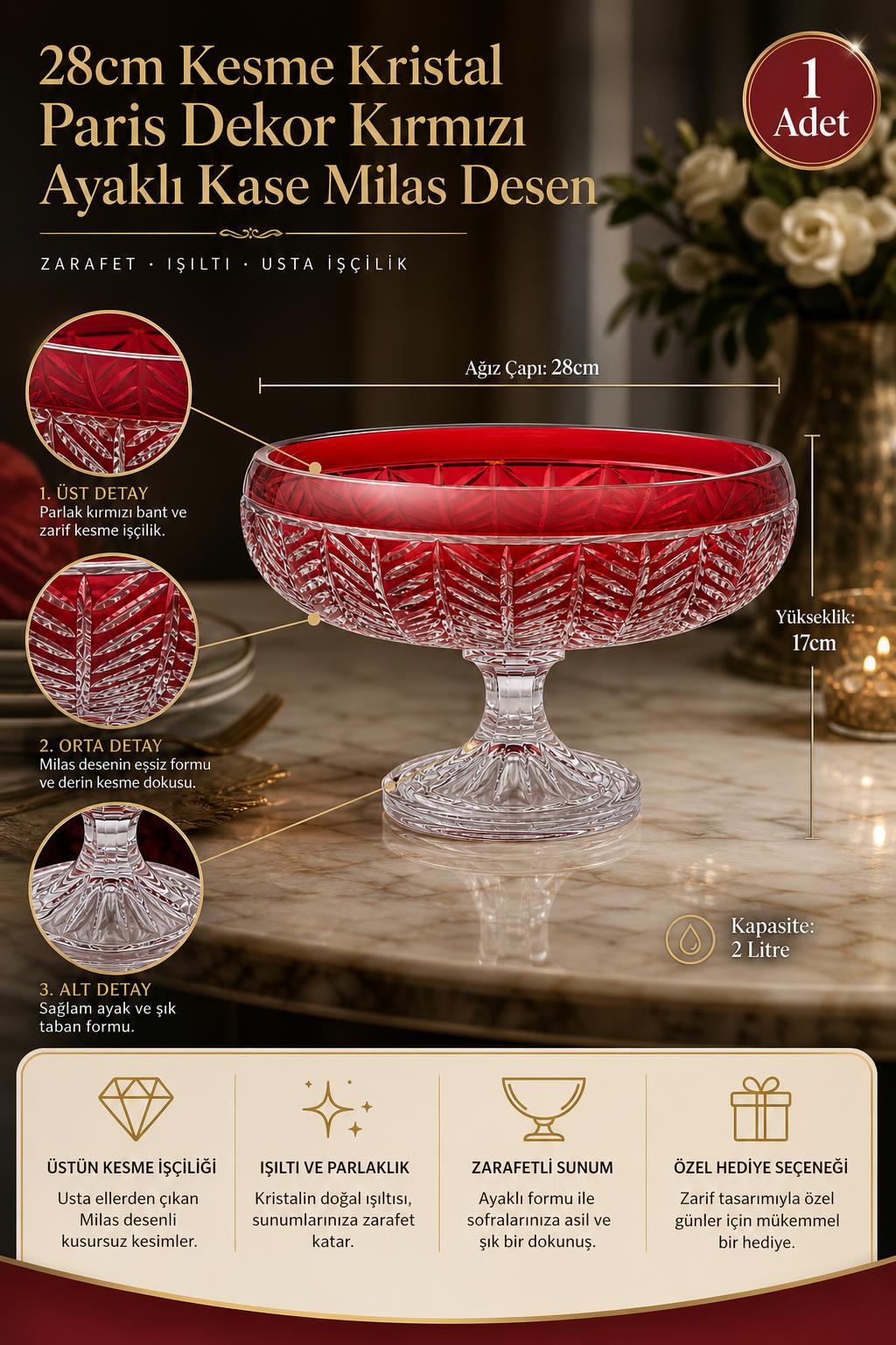 Kırmızı Kesme Kristal Ayaklı Kase 28 cm - Paris Milas Desen, 1 Adet