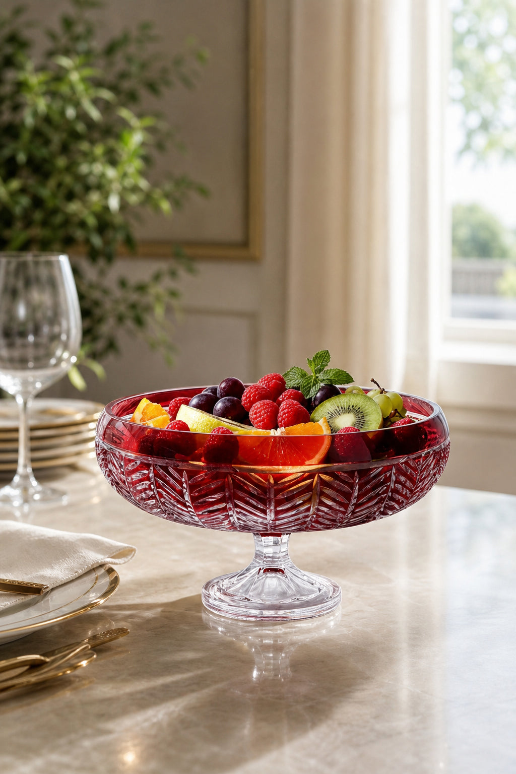 Kırmızı Kesme Kristal Ayaklı Kase 28 cm - Paris Milas Desen, 1 Adet