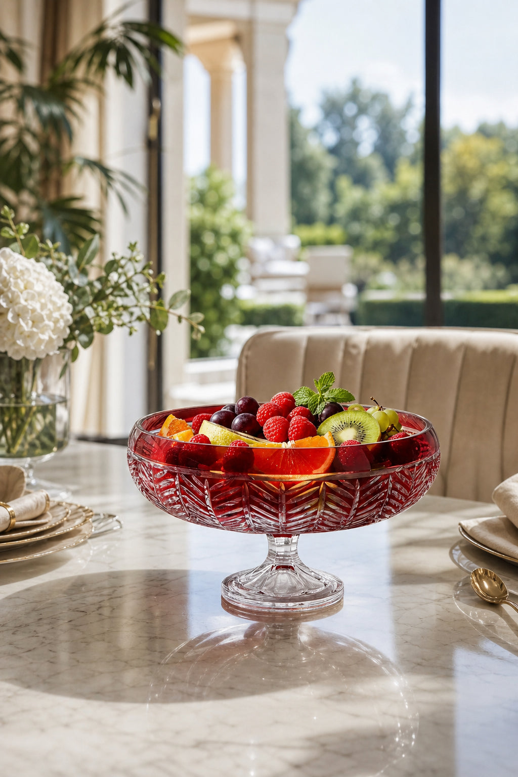 Kırmızı Kesme Kristal Ayaklı Kase 28 cm - Paris Milas Desen, 1 Adet