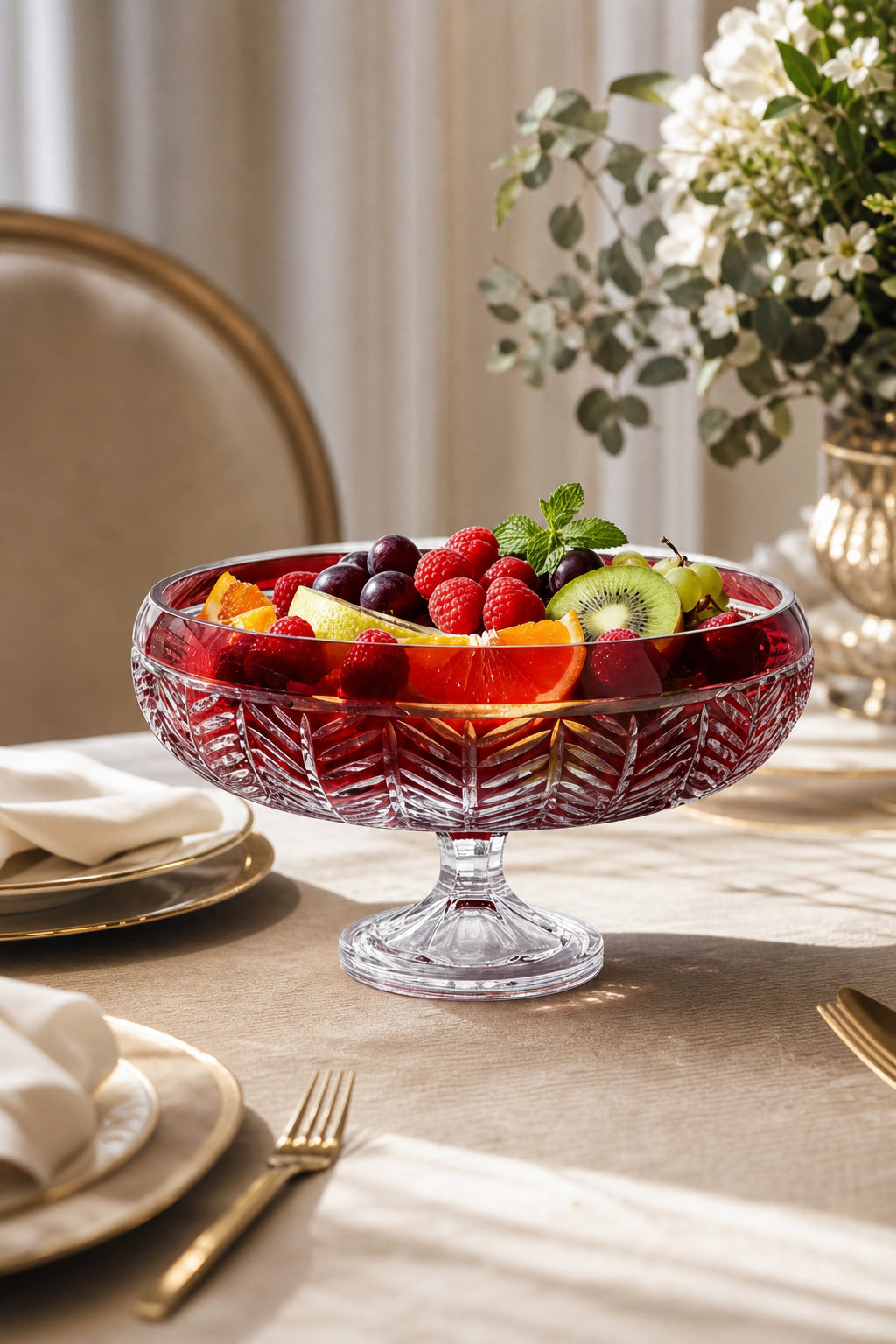 Kırmızı Kesme Kristal Ayaklı Kase 28 cm - Paris Milas Desen, 1 Adet