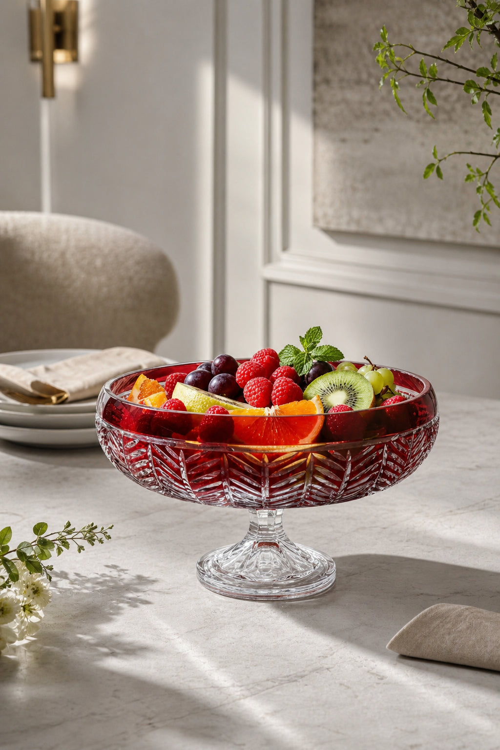 Kırmızı Kesme Kristal Ayaklı Kase 28 cm - Paris Milas Desen, 1 Adet