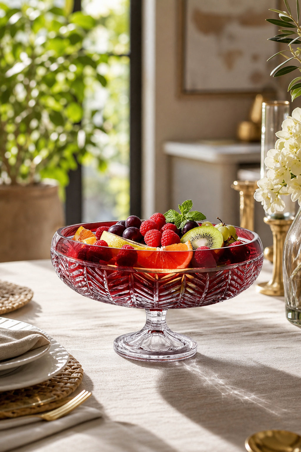 Kırmızı Kesme Kristal Ayaklı Kase 28 cm - Paris Milas Desen, 1 Adet