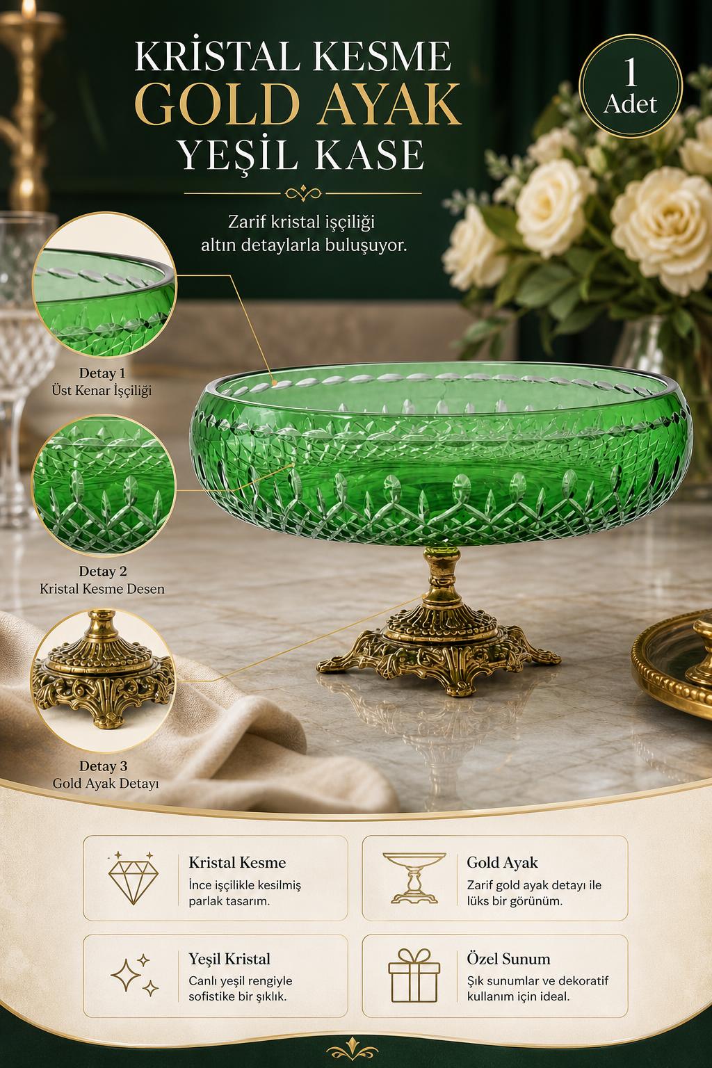 Yeşil Kesme Kristal Kase Gold Ayaklı - Dekoratif Sunumluk, 1 Adet