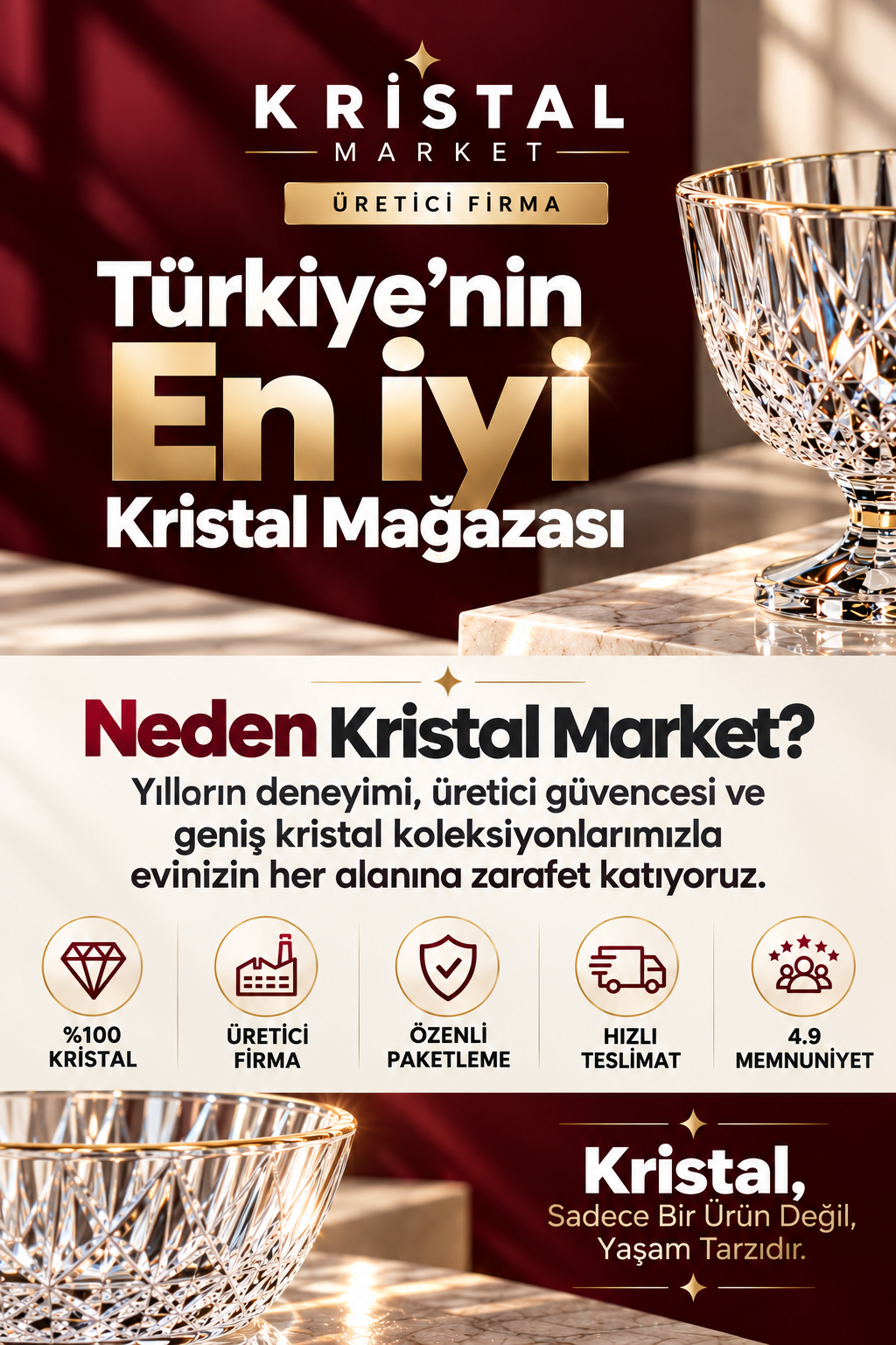 Kesme Kristal Büyük Kase - Merkür Eternal Model Sunumluk, 1 Adet