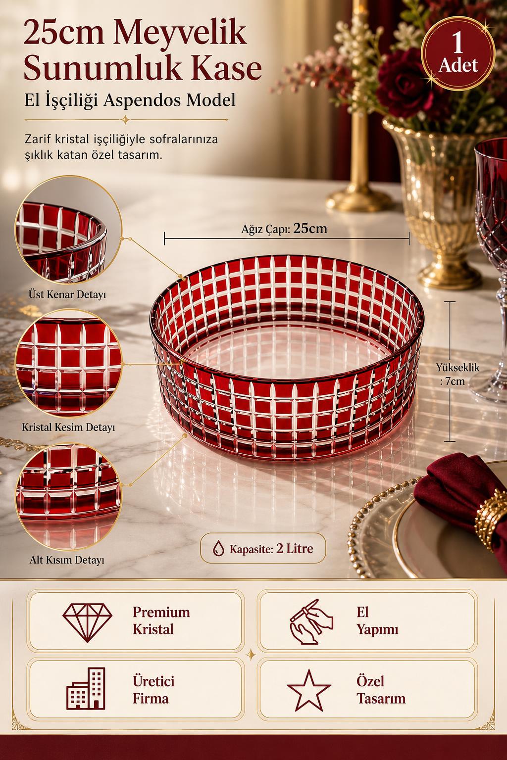 Kristal Meyvelik 25 cm - Aspendos Model Sunumluk Kase, 1 Adet