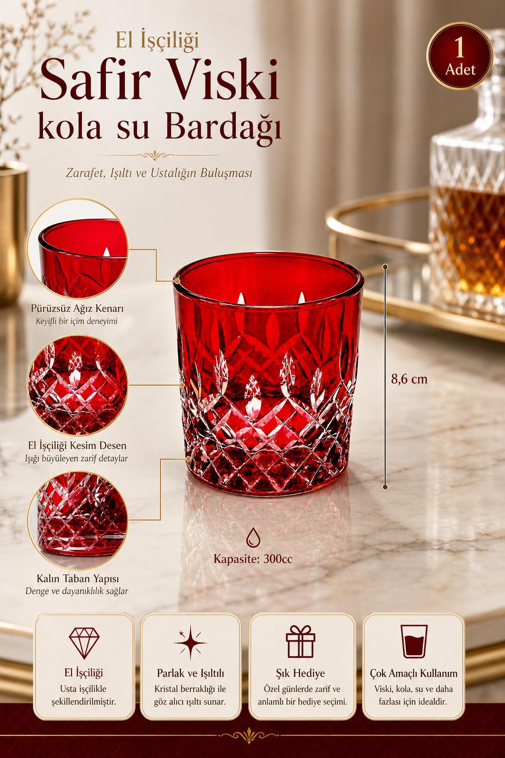 Kristal Viski Bardağı 300 cc - Safir Model Su ve Kola Bardağı, 1 Adet