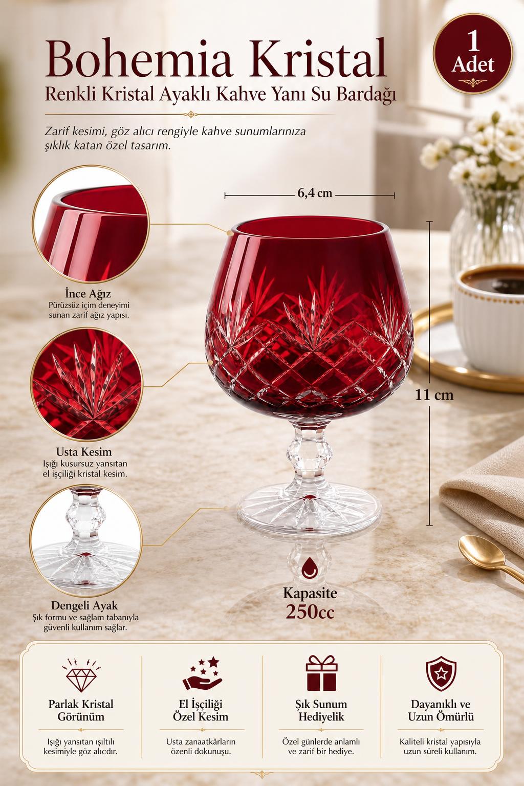 Bohemia Renkli Kristal Ayaklı Kahve Yanı Su Bardağı 250 ml, 1 Adet