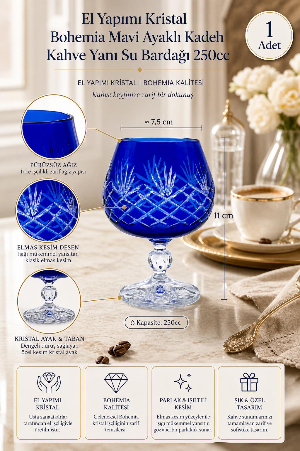Mavi Bohemia Kristal Ayaklı Kadeh 250 cc - Kahve Yanı Su Bardağı, 1 Adet