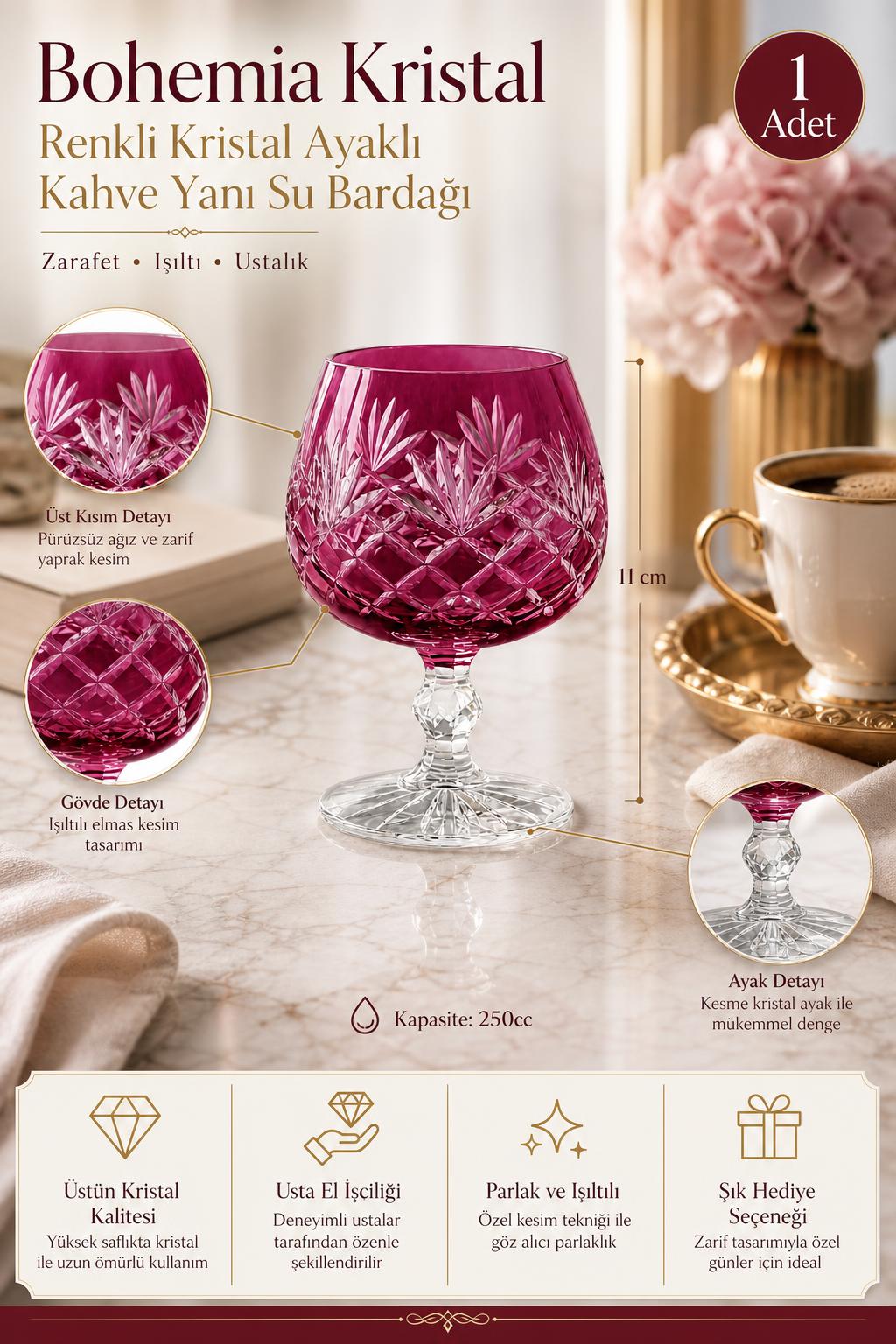 Bohemia Renkli Kristal Ayaklı Kahve Yanı Su Bardağı 250 ml, 1 Adet