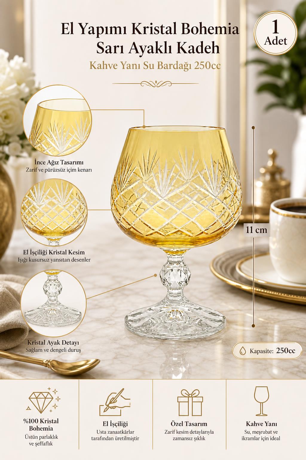 Sarı Bohemia Kristal Ayaklı Kadeh 250 cc - Kahve Yanı Su Bardağı, 1 Adet